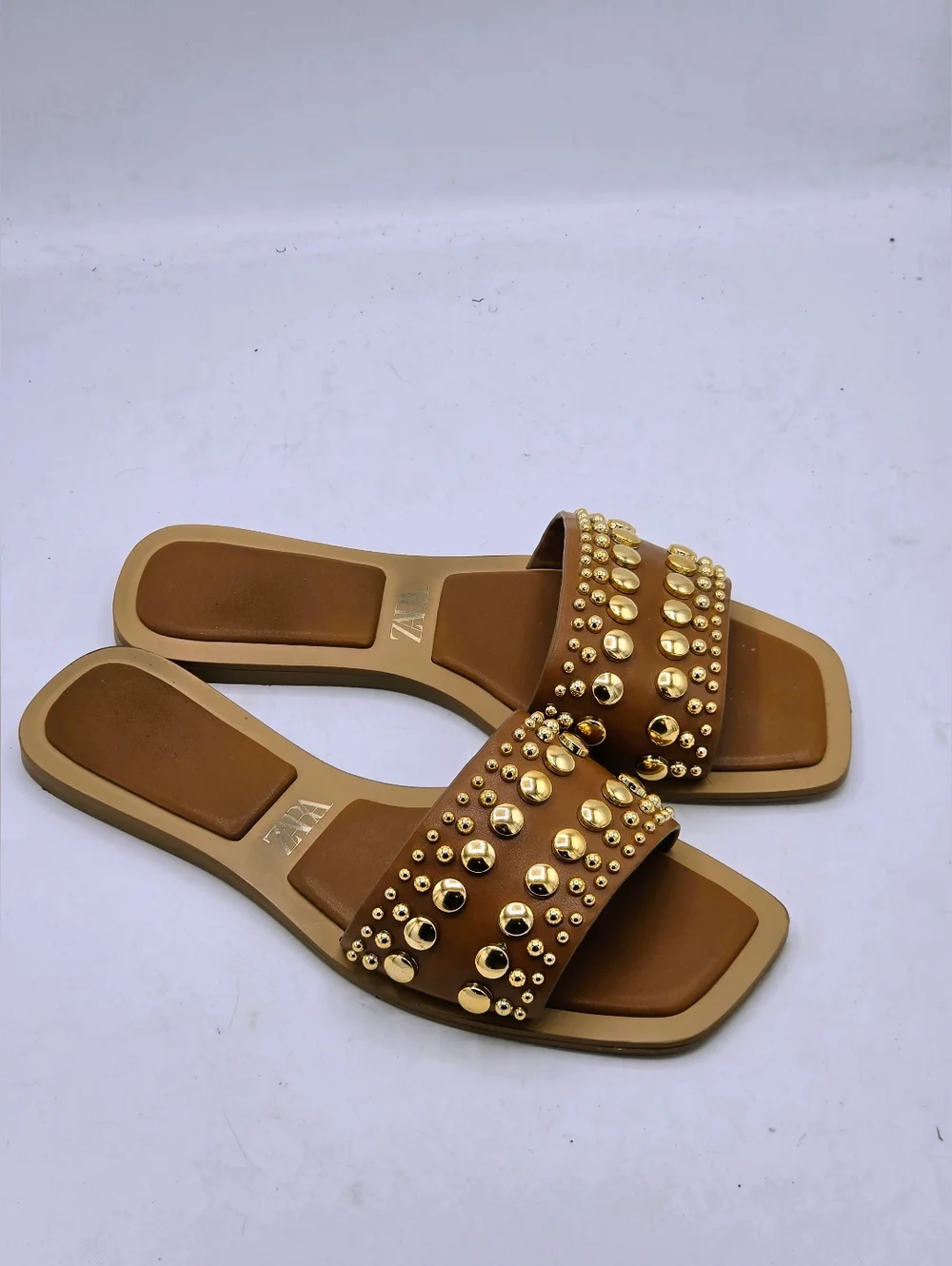 Zara Studded Flat Leather Slide Sandals Size 7.5 - Picture 3 of 14